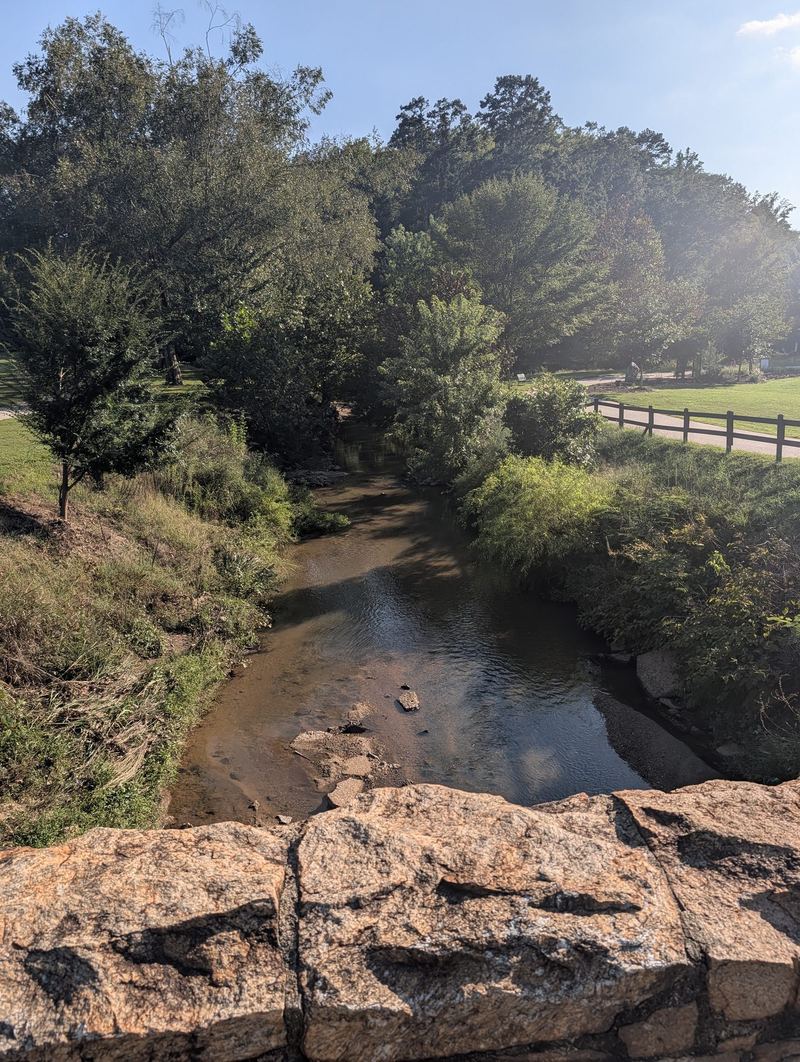 Large rocks in the foreground above a shallow, tree-lined creek.